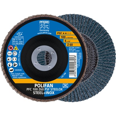 PFERD - POLIFAN Fächerscheibe PFC 100x16 mm konisch Z60 Universallinie PSF STEELOX Stahl/Edelstahl