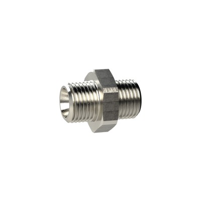 RIEGLER® - Doppelgewindenippel, G 3/8" A, M16x1,5 A, SW 19, Messing vernickelt