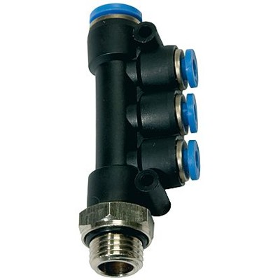 RIEGLER® - T-Mehrfachverteiler »Blaue Serie«, 3-fach, drehbar, G 1/4" außen, Ø 4x4
