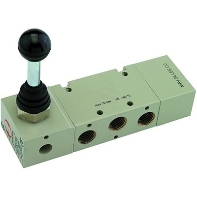 RIEGLER® - 5/3-Wegeventil, manuell 90° Hebel, G 1/4, Mitte geschlossen, Federrückstellung