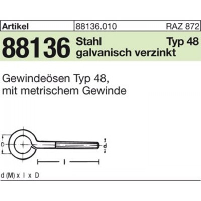 NOBRAND - ART 88136 Gewindeösen Stahl Typ 48 M 6 x 50 galv. verzinkt gal Zn S