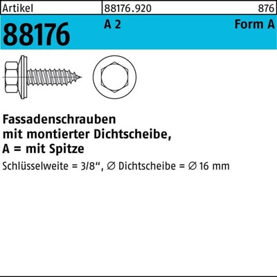 NOBRAND - Fassadenschraube ART 88176, A2 6,5 x 75 Neoprenscheibe 16 A 2 S