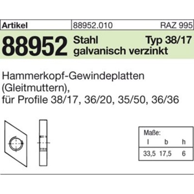 NOBRAND - Hammerkopf Gewindeplatte ART 88952 Typ 38/17, M 8 , gal Zn gal Zn S