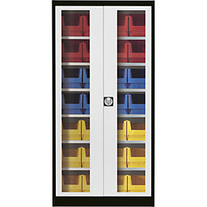 Sichtfenster-Flügeltürenschrank, mit 28 Sichtlagerkästen, graphitschwarz / lichtgrau.