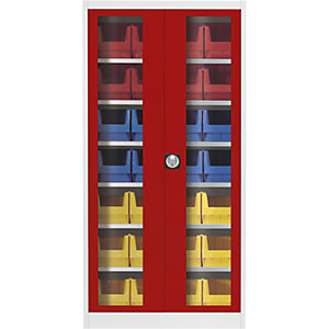 Sichtfenster-Flügeltürenschrank, mit 28 Sichtlagerkästen, lichtgrau / feuerrot.