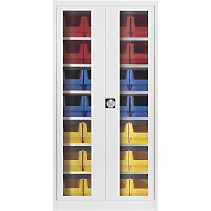 Sichtfenster-Flügeltürenschrank, mit 28 Sichtlagerkästen, lichtgrau.
