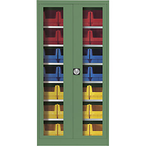 Sichtfenster-Flügeltürenschrank, mit 28 Sichtlagerkästen, resedagrün.