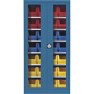 Sichtfenster-Flügeltürenschrank, mit 28 Sichtlagerkästen, brillantblau.