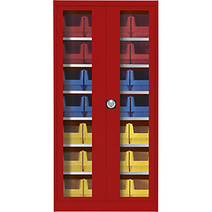 Sichtfenster-Flügeltürenschrank, mit 28 Sichtlagerkästen, feuerrot.