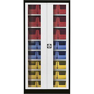 Sichtfenster-Flügeltürenschrank, mit 32 Sichtlagerkästen, graphitschwarz / lichtgrau.