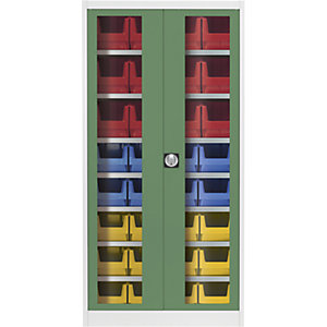 Sichtfenster-Flügeltürenschrank, mit 32 Sichtlagerkästen, lichtgrau / resedagrün.