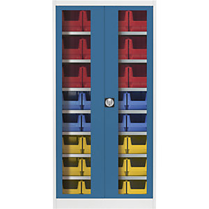 Sichtfenster-Flügeltürenschrank, mit 32 Sichtlagerkästen, lichtgrau / brillantblau.