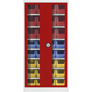 Sichtfenster-Flügeltürenschrank, mit 32 Sichtlagerkästen, lichtgrau / feuerrot.