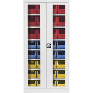 Sichtfenster-Flügeltürenschrank, mit 32 Sichtlagerkästen, lichtgrau.