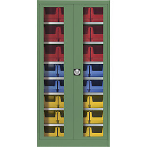 Sichtfenster-Flügeltürenschrank, mit 32 Sichtlagerkästen, resedagrün.