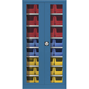 Sichtfenster-Flügeltürenschrank, mit 32 Sichtlagerkästen, brillantblau.