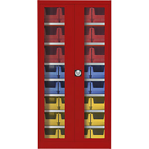 Sichtfenster-Flügeltürenschrank, mit 32 Sichtlagerkästen, feuerrot.