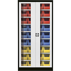 Sichtfenster-Flügeltürenschrank, mit 36 Sichtlagerkästen, graphitschwarz / lichtgrau.
