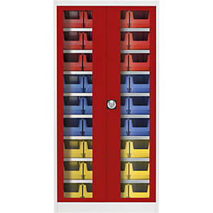 Sichtfenster-Flügeltürenschrank, mit 36 Sichtlagerkästen, lichtgrau / feuerrot.