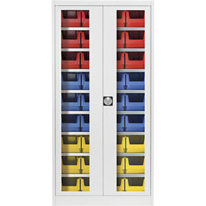 Sichtfenster-Flügeltürenschrank, mit 36 Sichtlagerkästen, lichtgrau.