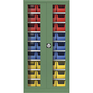 Sichtfenster-Flügeltürenschrank, mit 36 Sichtlagerkästen, resedagrün.