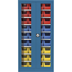 Sichtfenster-Flügeltürenschrank, mit 36 Sichtlagerkästen, brillantblau.