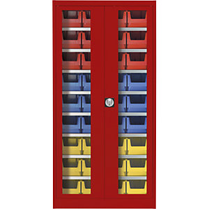 Sichtfenster-Flügeltürenschrank, mit 36 Sichtlagerkästen, feuerrot.