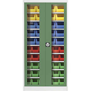 Sichtfenster-Flügeltürenschrank, mit 50 Sichtlagerkästen, lichtgrau / resedagrün.