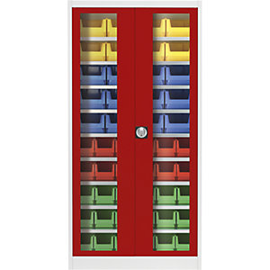 Sichtfenster-Flügeltürenschrank, mit 50 Sichtlagerkästen, lichtgrau / feuerrot.
