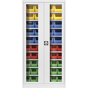 Sichtfenster-Flügeltürenschrank, mit 50 Sichtlagerkästen, lichtgrau.
