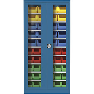 Sichtfenster-Flügeltürenschrank, mit 50 Sichtlagerkästen, brillantblau.