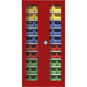 Sichtfenster-Flügeltürenschrank, mit 50 Sichtlagerkästen, feuerrot.