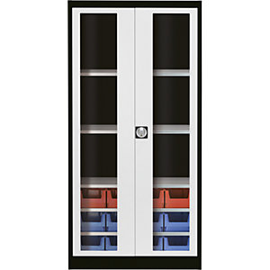 Sichtfenster-Flügeltürenschrank, mit 12 Sichtlagerkästen, graphitschwarz / lichtgrau.