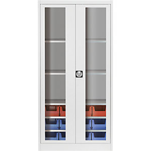 Sichtfenster-Flügeltürenschrank, mit 12 Sichtlagerkästen, lichtgrau.