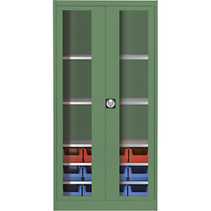 Sichtfenster-Flügeltürenschrank, mit 12 Sichtlagerkästen, resedagrün.