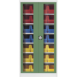 Sichtfenster-Flügeltürenschrank, mit 28 Sichtlagerkästen, lichtgrau / resedagrün.