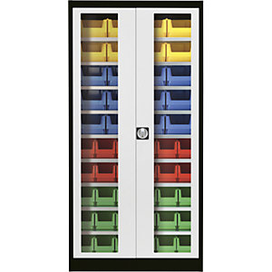 Sichtfenster-Flügeltürenschrank, mit 50 Sichtlagerkästen, graphitschwarz / lichtgrau.