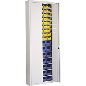 Magazinschrank mit Sichtlagerkästen, HxBxT 2150 x 680 x 280 mm, einfarbig, grau, 82 Kästen.