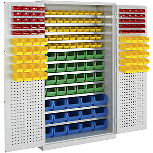 Großraumschrank, 11 Fachböden, 173 Sichtlagerkästen, lichtgrau RAL 7035.