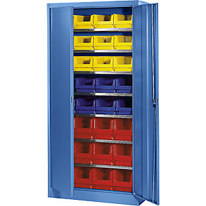 Magazinschrank, einfarbig, mit 32 Sichtlagerkästen, 7 Fachböden, blau.