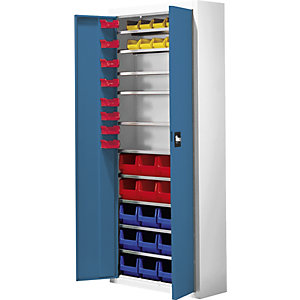 Magazinschrank mit Sichtlagerkästen, HxBxT 1740 x 680 x 280 mm, 48 Kästen, zweifarbig, Korpus grau, Türen blau.