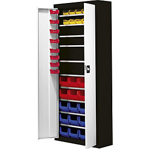 Magazinschrank mit Sichtlagerkästen, HxBxT 1740 x 680 x 280 mm, 48 Kästen, zweifarbig, Korpus schwarz, Türen grau.