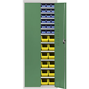 Magazinschrank mit Sichtlagerkästen, HxBxT 1740 x 680 x 280 mm, zweifarbig, Korpus grau, Türen grün, 60 Kästen.