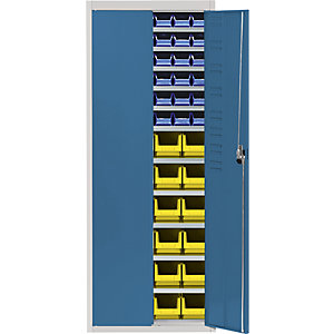 Magazinschrank mit Sichtlagerkästen, HxBxT 1740 x 680 x 280 mm, zweifarbig, Korpus grau, Türen blau, 60 Kästen.