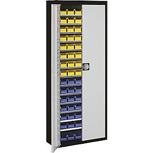 Magazinschrank mit Sichtlagerkästen, HxBxT 1740 x 680 x 280 mm, zweifarbig, Korpus schwarz, Türen grau, 90 Kästen.