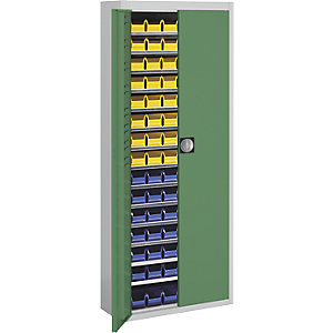 Magazinschrank mit Sichtlagerkästen, HxBxT 1740 x 680 x 280 mm, zweifarbig, Korpus grau, Türen grün, 90 Kästen.