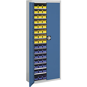Magazinschrank mit Sichtlagerkästen, HxBxT 1740 x 680 x 280 mm, zweifarbig, Korpus grau, Türen blau, 90 Kästen.