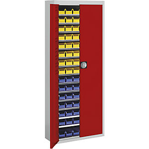 Magazinschrank mit Sichtlagerkästen, HxBxT 1740 x 680 x 280 mm, zweifarbig, Korpus grau, Türen rot, 90 Kästen.