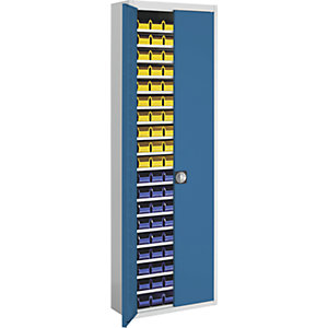 Magazinschrank mit Sichtlagerkästen, HxBxT 2150 x 680 x 280 mm, zweifarbig, Korpus grau, Türen rot, 114 Kästen.