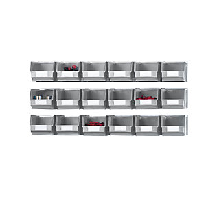 Einhängeschienen-Set mit Sichtlagerkästen, 3 Schienen, 18 Kästen, grau.